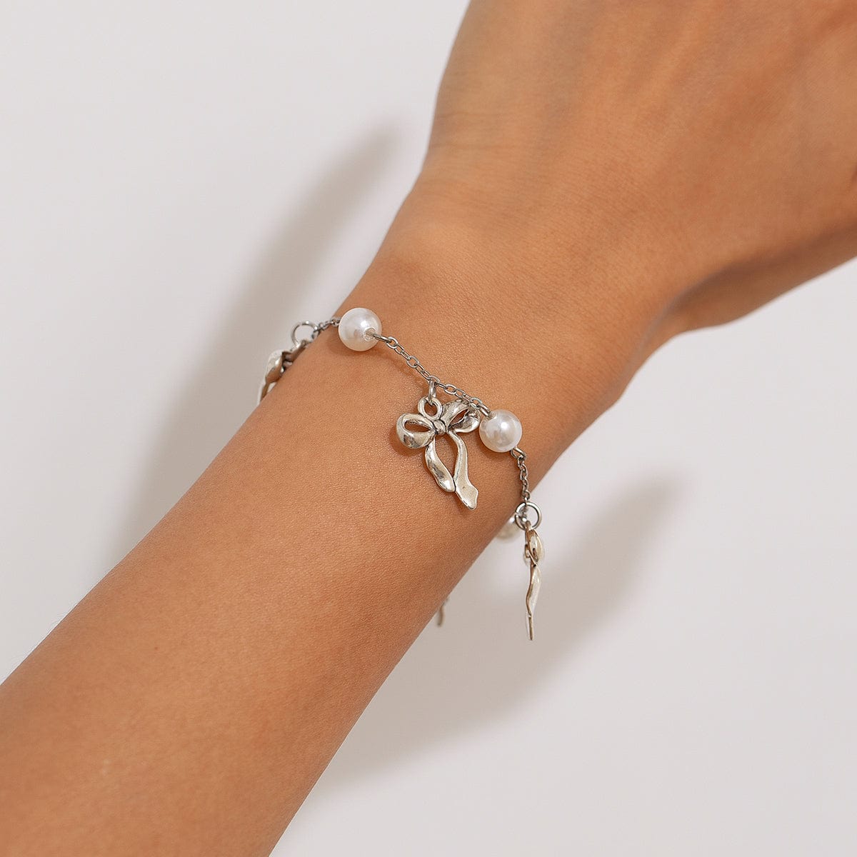 Dainty Bowknot Tassel Pearl Chain Bracelet