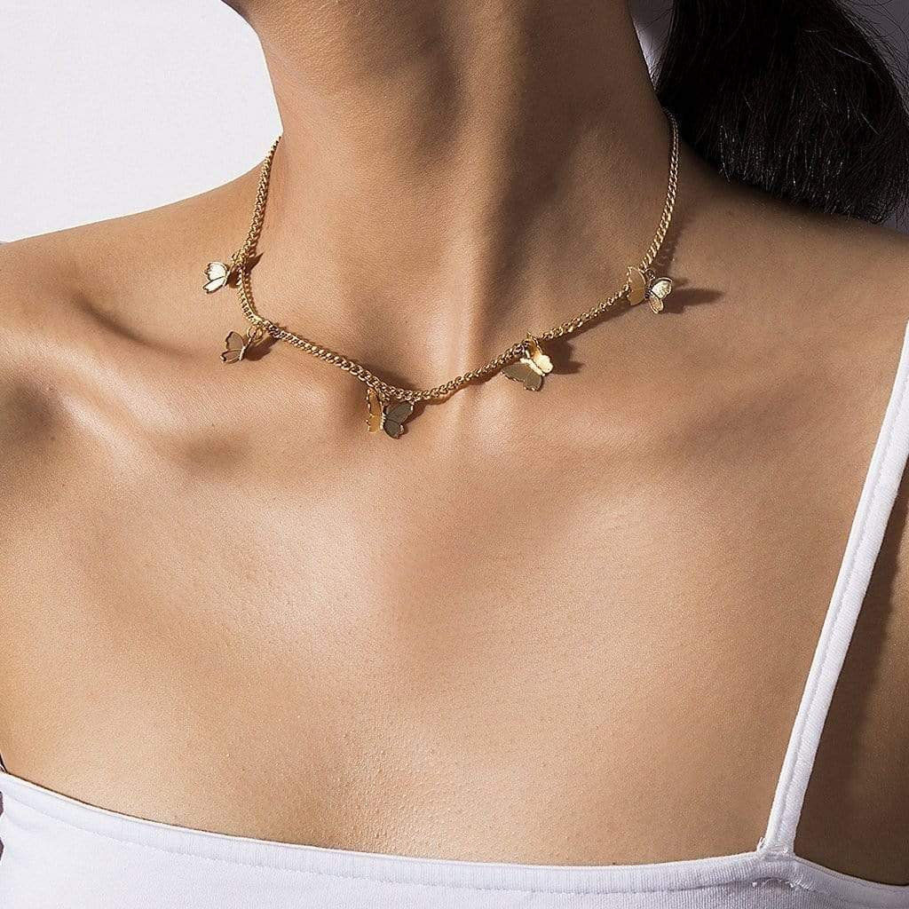 Minimalist Gold Silver Tone Butterfly Choker Necklace - ArtGalleryZen