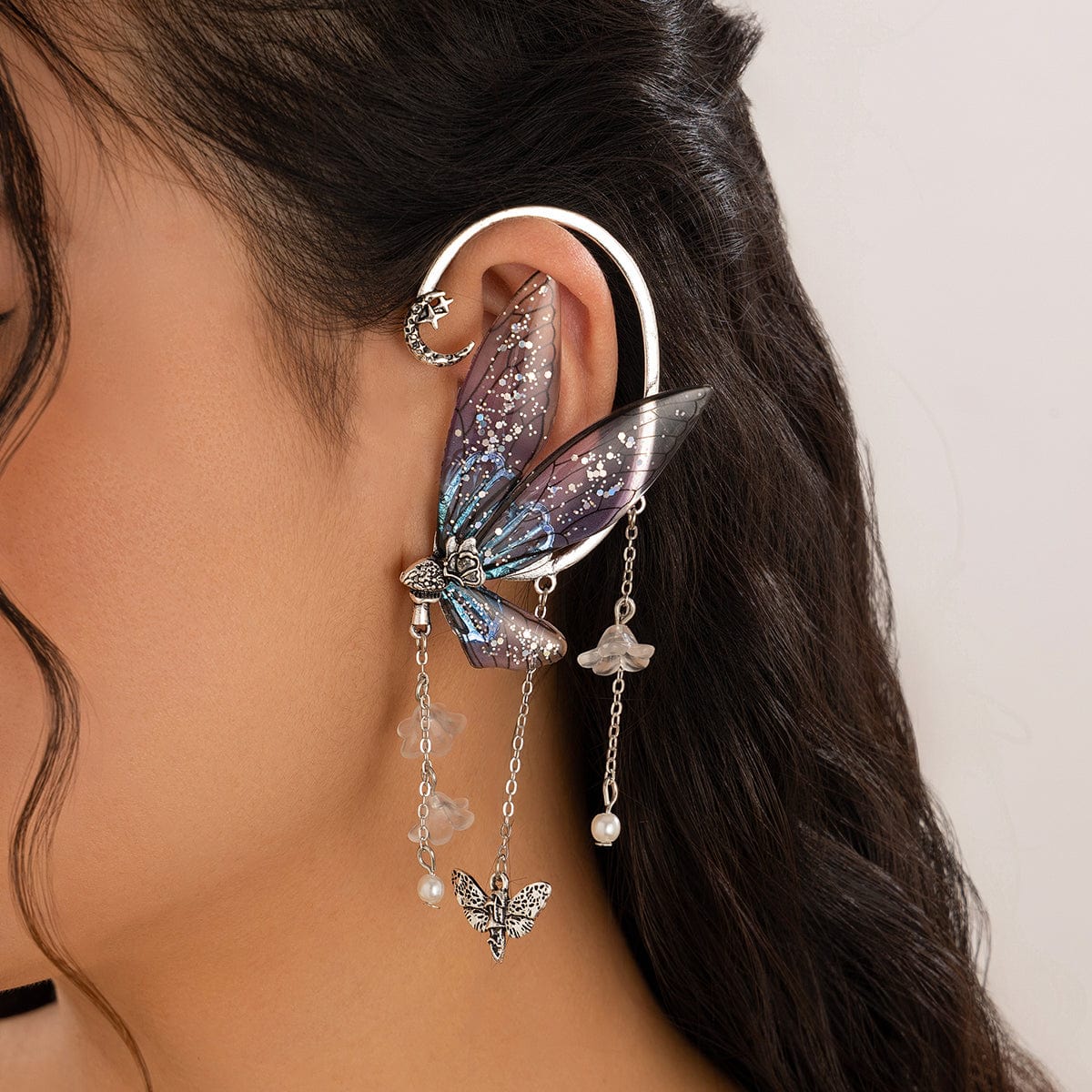 Dainty Butterfly Flower Tassel Elf Ear Cuff Wrap Earring