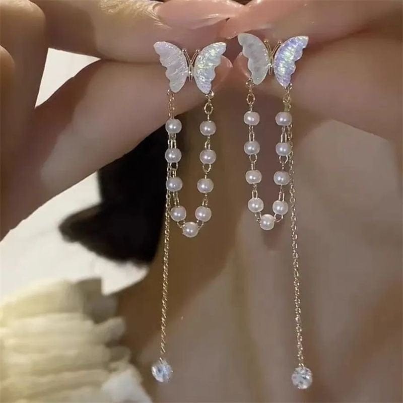 Dainty Butterfly Pearl Chain Rhinestone Tassel Ear Cuff Earrings - ArtGalleryZen