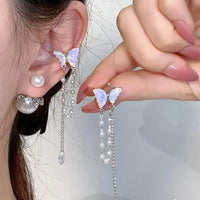 Thumbnail for Dainty Butterfly Pearl Chain Rhinestone Tassel Ear Cuff Earrings - ArtGalleryZen