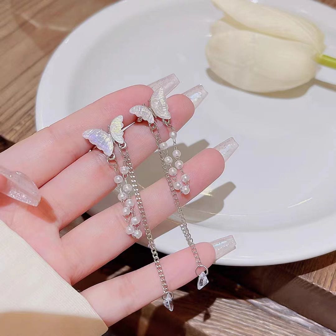 Dainty Butterfly Pearl Chain Rhinestone Tassel Ear Cuff Earrings - ArtGalleryZen