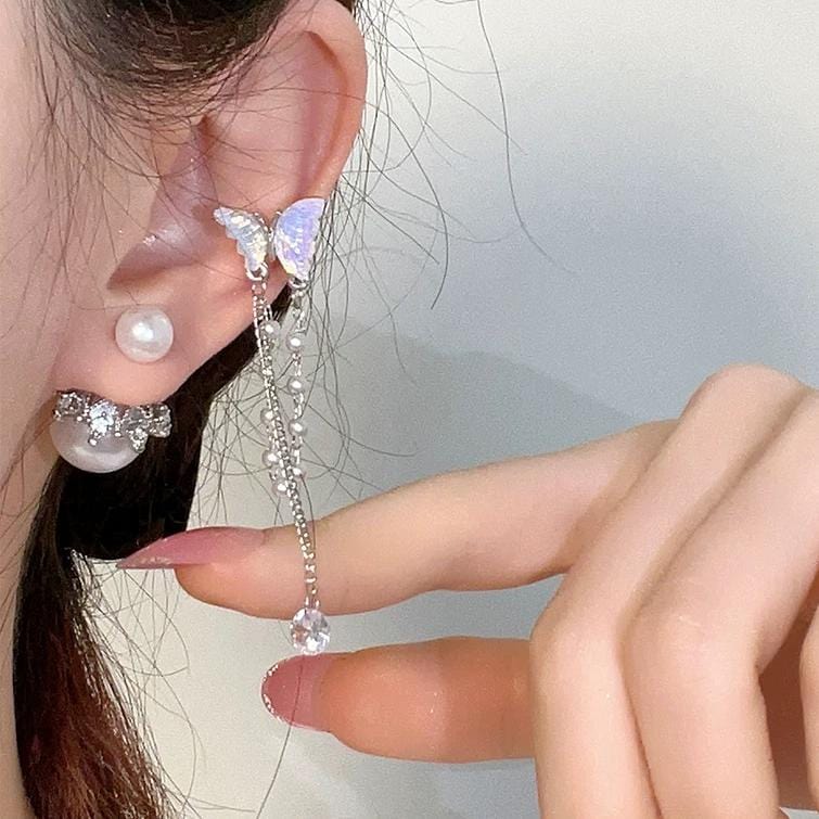 Dainty Butterfly Pearl Chain Rhinestone Tassel Ear Cuff Earrings - ArtGalleryZen