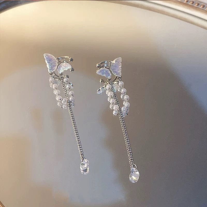 Dainty Butterfly Pearl Chain Rhinestone Tassel Ear Cuff Earrings - ArtGalleryZen