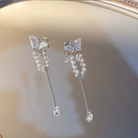 Thumbnail for Dainty Butterfly Pearl Chain Rhinestone Tassel Ear Cuff Earrings - ArtGalleryZen