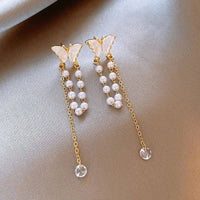 Thumbnail for Dainty Butterfly Pearl Chain Rhinestone Tassel Ear Cuff Earrings - ArtGalleryZen