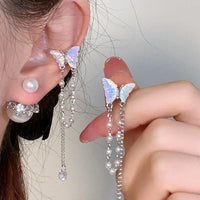 Thumbnail for Dainty Butterfly Pearl Chain Rhinestone Tassel Ear Cuff Earrings - ArtGalleryZen