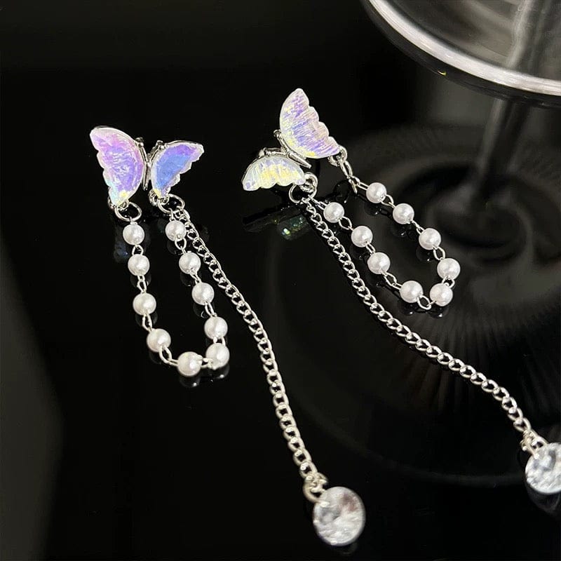 Dainty Butterfly Pearl Chain Rhinestone Tassel Ear Cuff Earrings - ArtGalleryZen