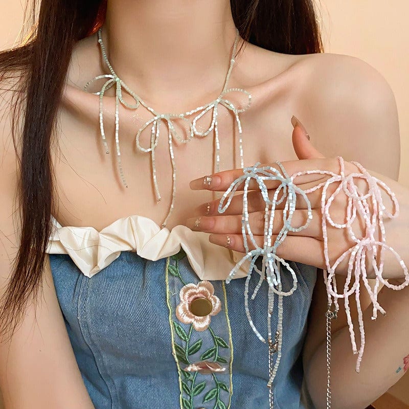 Dainty Colorful Seed Beaded Ribbon Choker Necklace - ArtGalleryZen