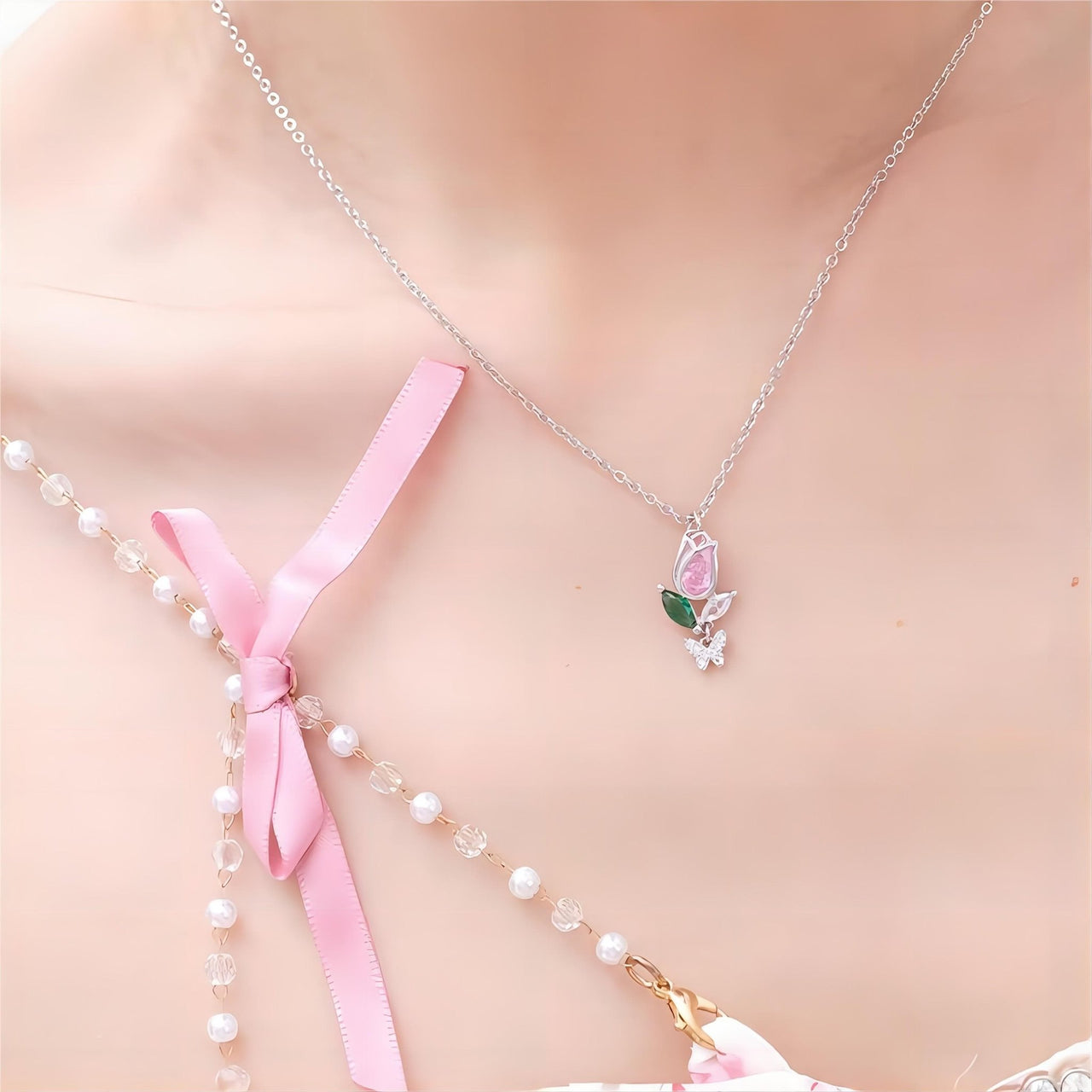 Dainty Crystal Butterfly Tulip Necklace - ArtGalleryZen