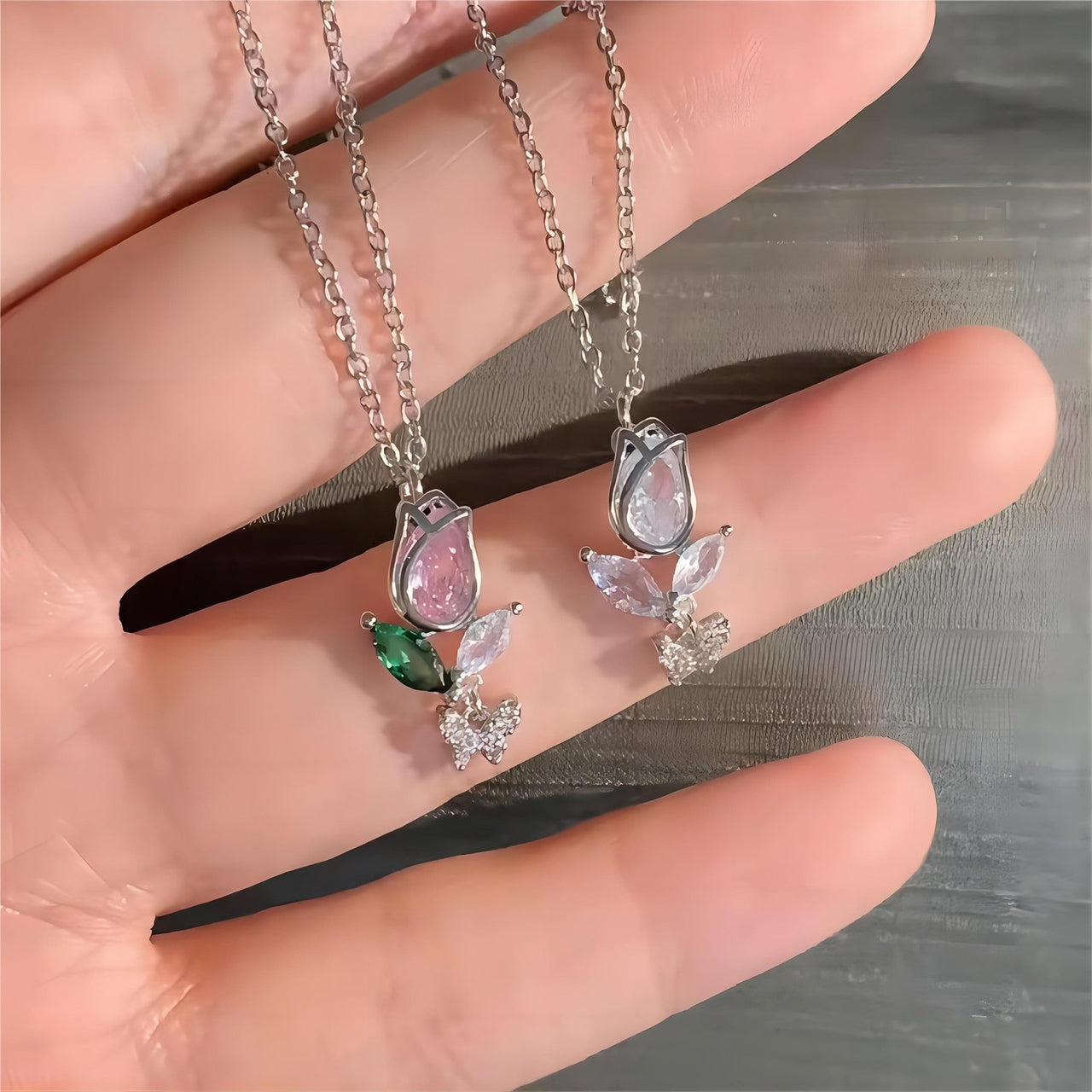 Dainty Crystal Butterfly Tulip Necklace - ArtGalleryZen