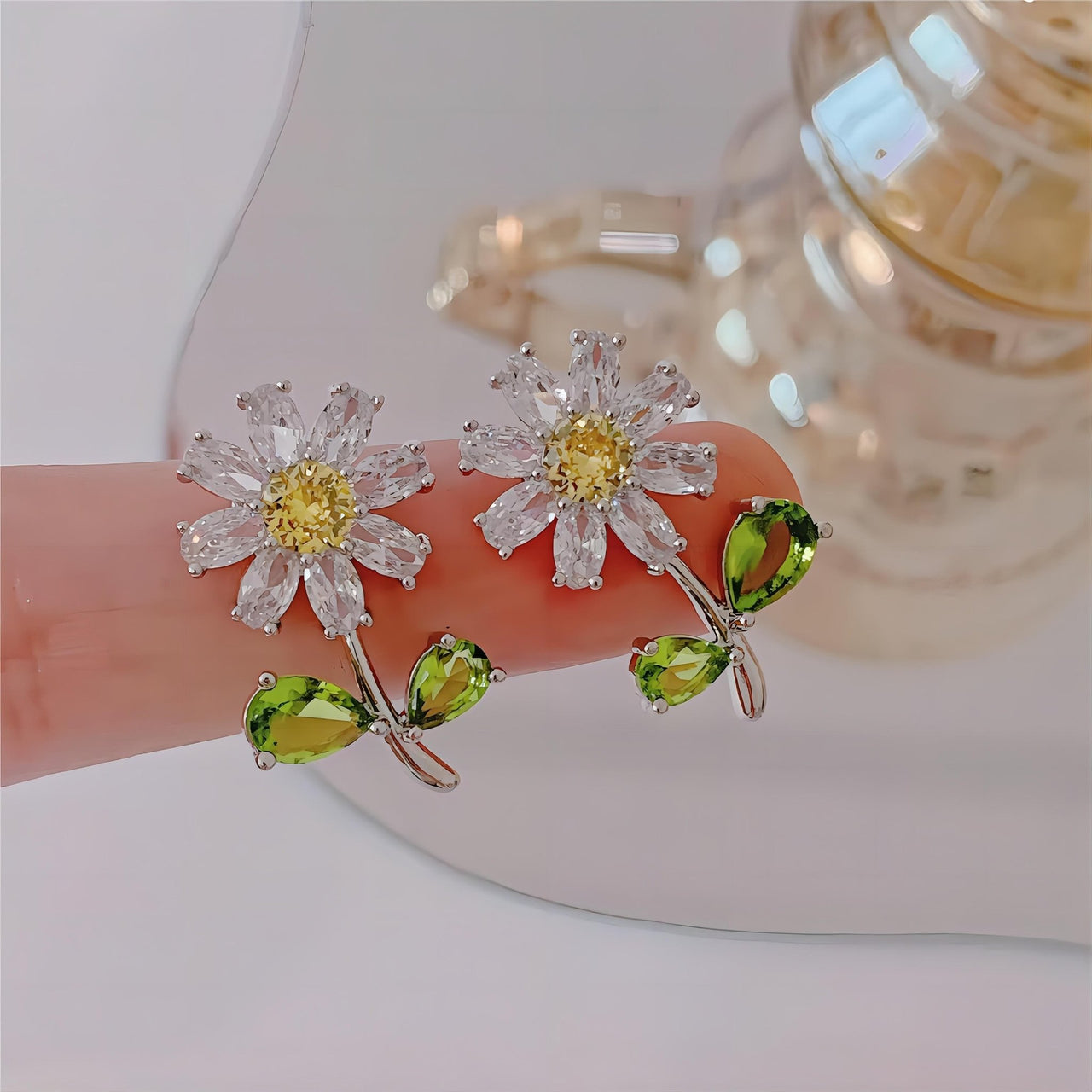 Dainty Crystal Daisy Flower Necklace Earrings Set - ArtGalleryZen