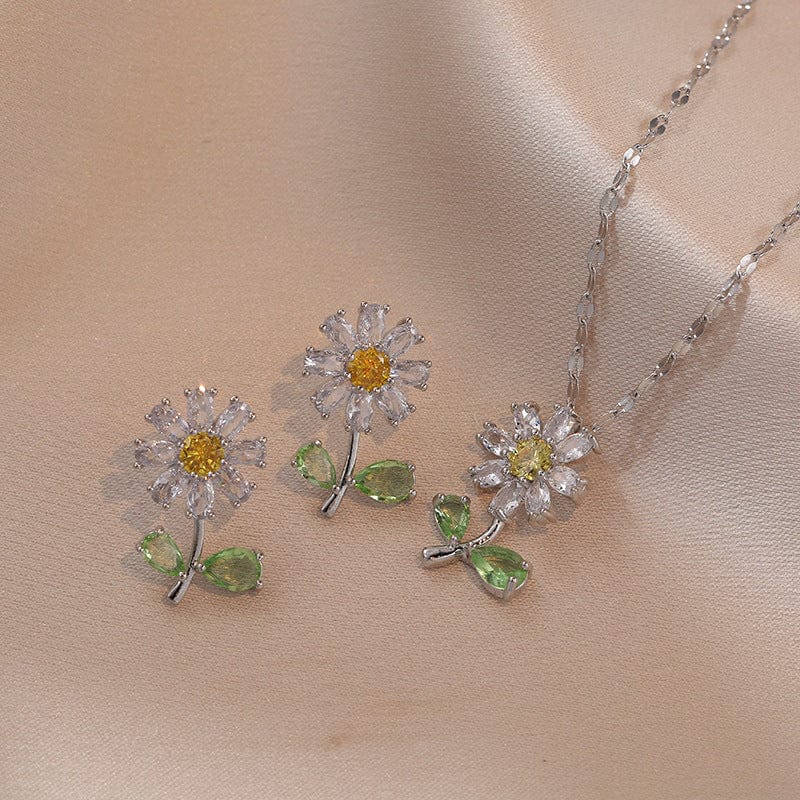 Dainty Crystal Daisy Flower Necklace Earrings Set - ArtGalleryZen