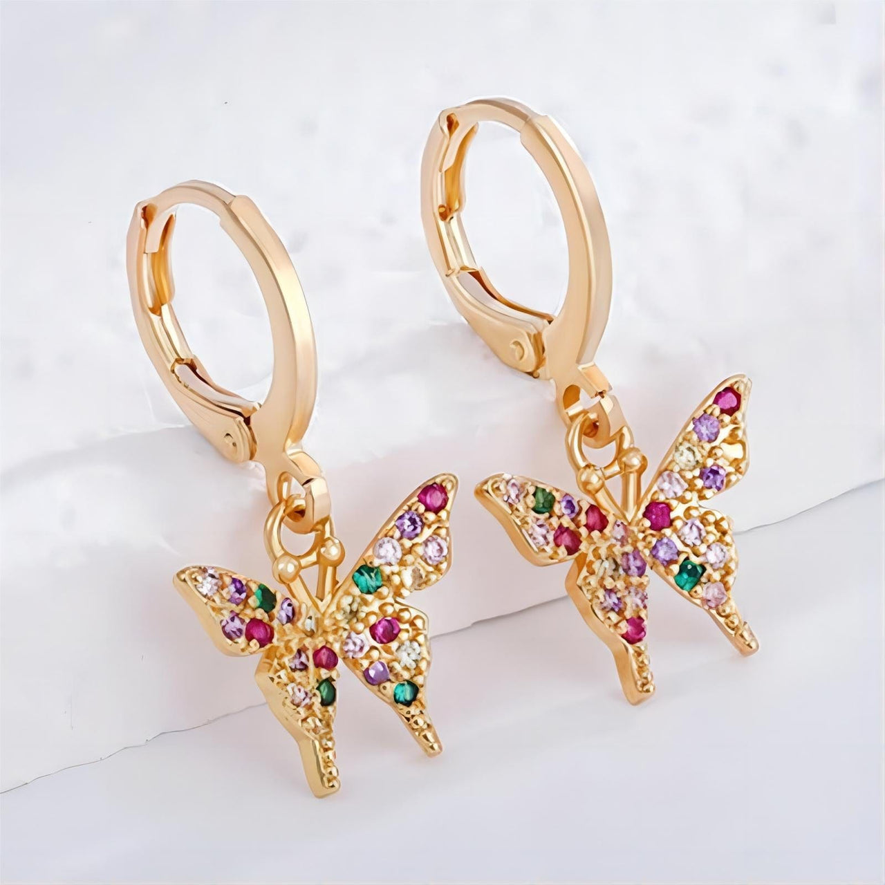 Dainty CZ Inlaid Butterfly Huggie Hoop Earrings - ArtGalleryZen