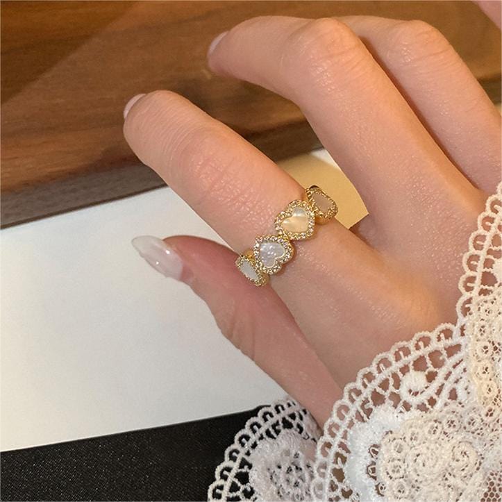 Dainty CZ Inlaid Gold Plated Enamel Heart Open Ring