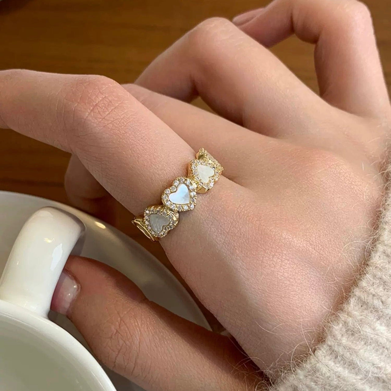 Dainty CZ Inlaid Gold Plated Enamel Heart Open Ring