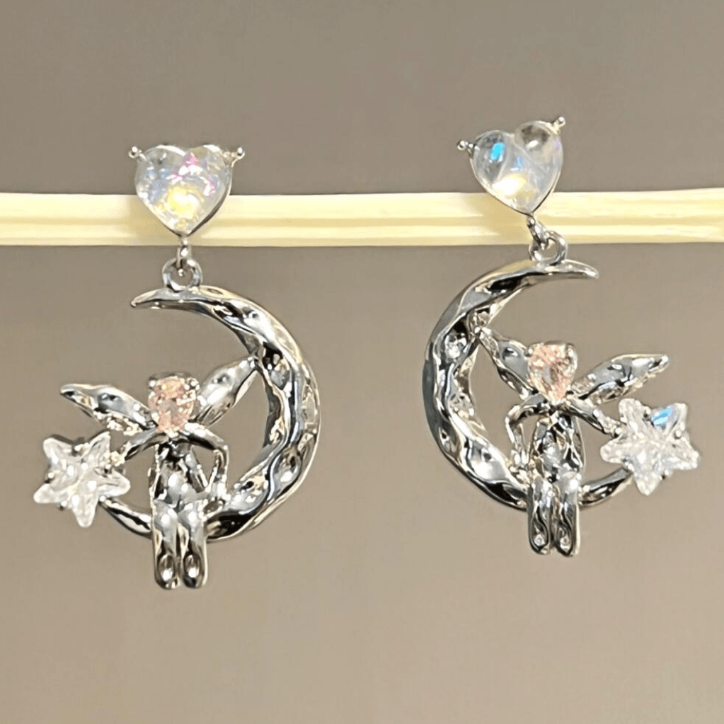 Dainty CZ Inlaid Heart Dangling Moon Star Elf Earrings - ArtGalleryZen
