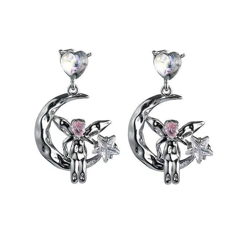 Dainty CZ Inlaid Heart Dangling Moon Star Elf Earrings - ArtGalleryZen