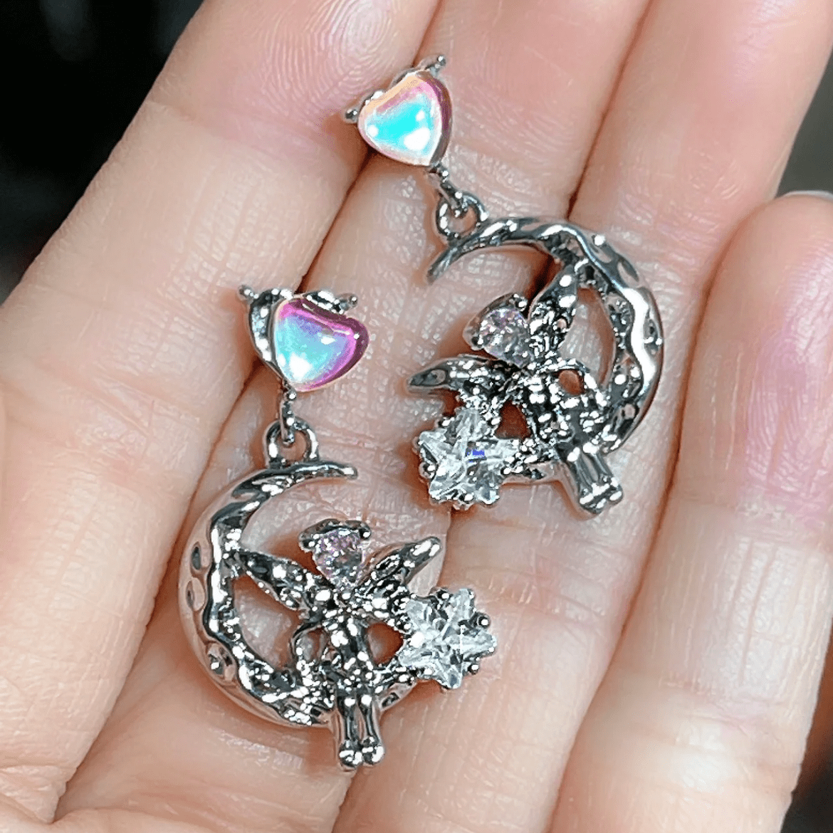 Dainty CZ Inlaid Heart Dangling Moon Star Elf Earrings - ArtGalleryZen