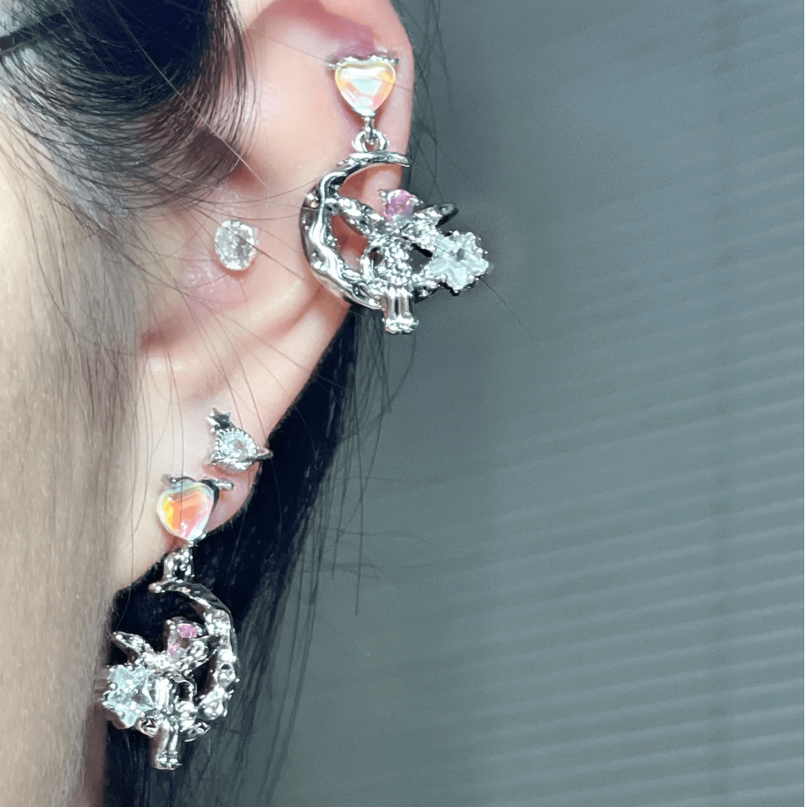 Dainty CZ Inlaid Heart Dangling Moon Star Elf Earrings - ArtGalleryZen