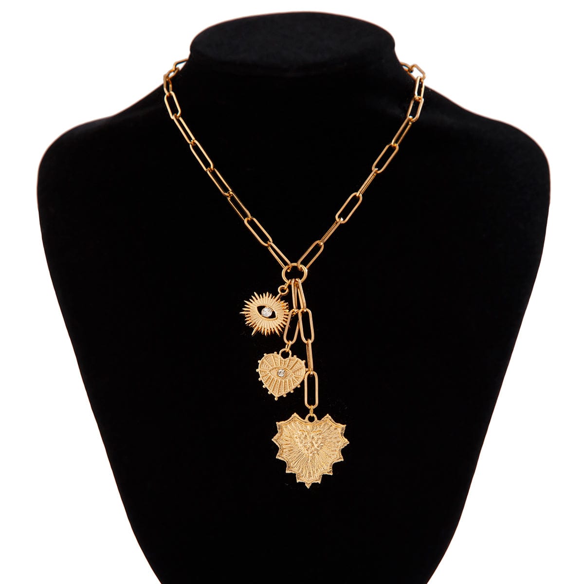 Dainty CZ Inlaid Heart Sun Pendant Paperclip Chain Y Necklace - ArtGalleryZen