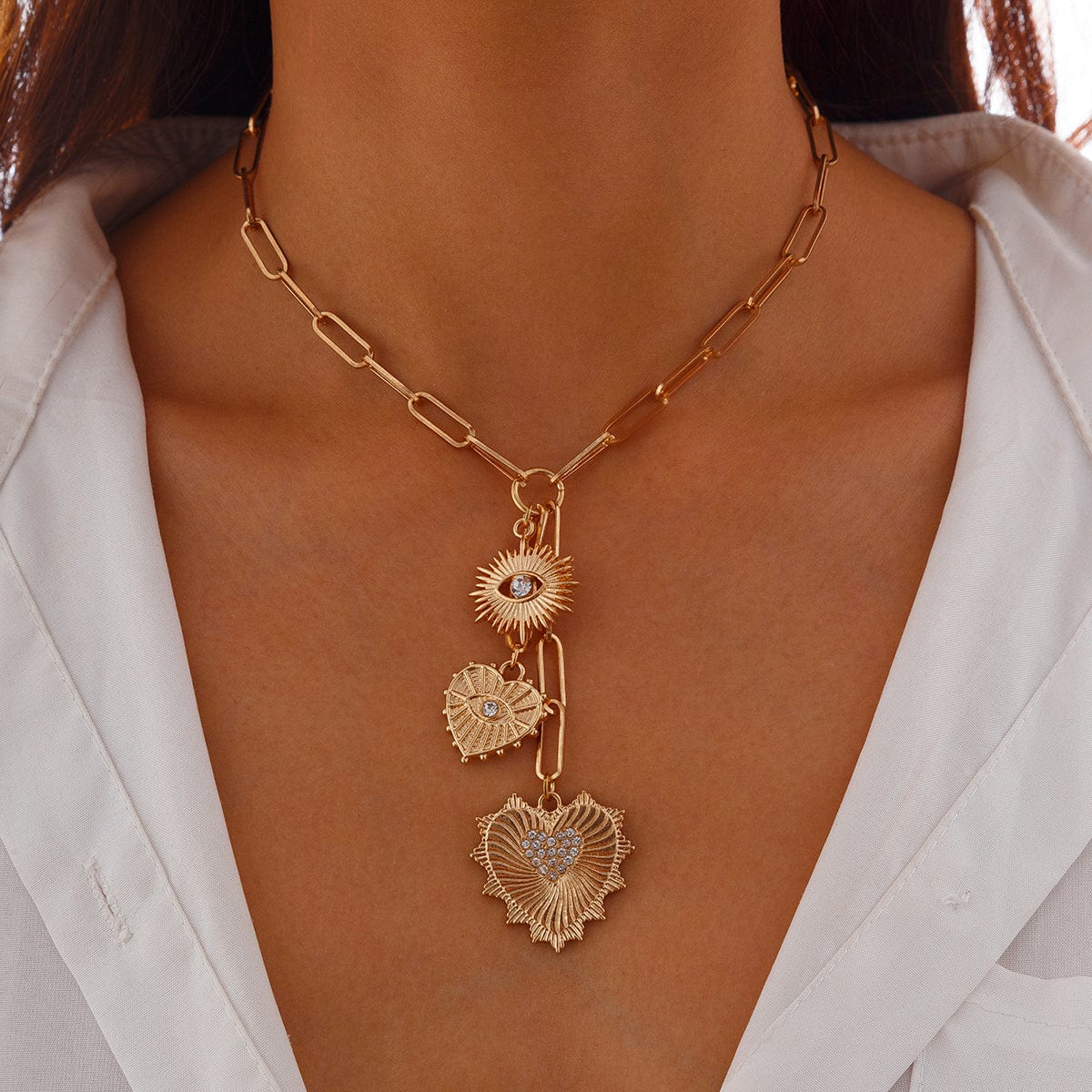 Dainty CZ Inlaid Heart Sun Pendant Paperclip Chain Y Necklace