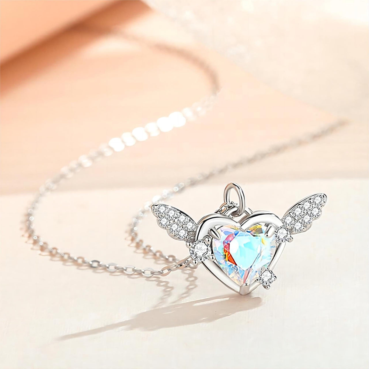 Dainty CZ Inlaid Heart Wings Necklace - ArtGalleryZen