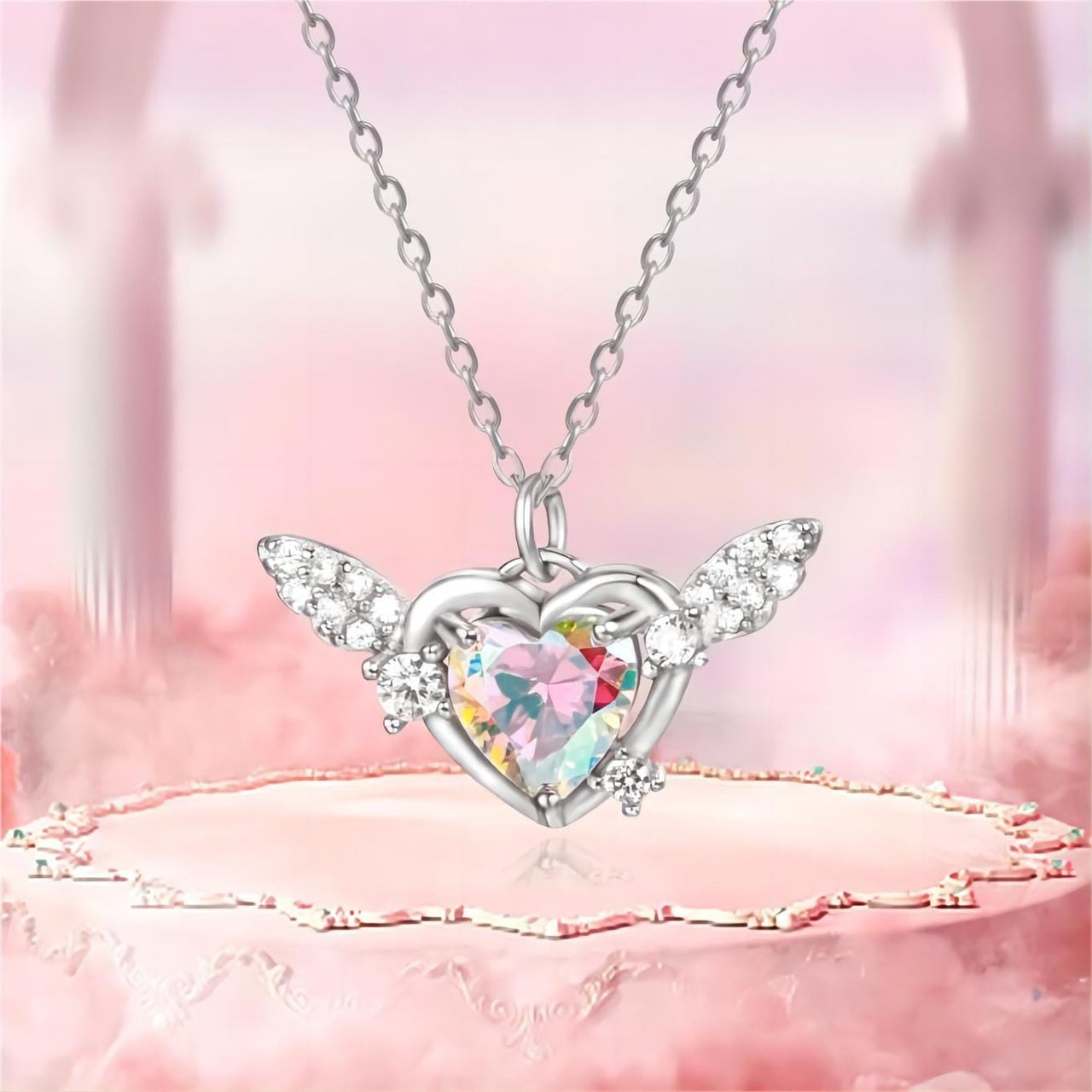 Pink Diamond Heart Angel Wings Pendant Necklace