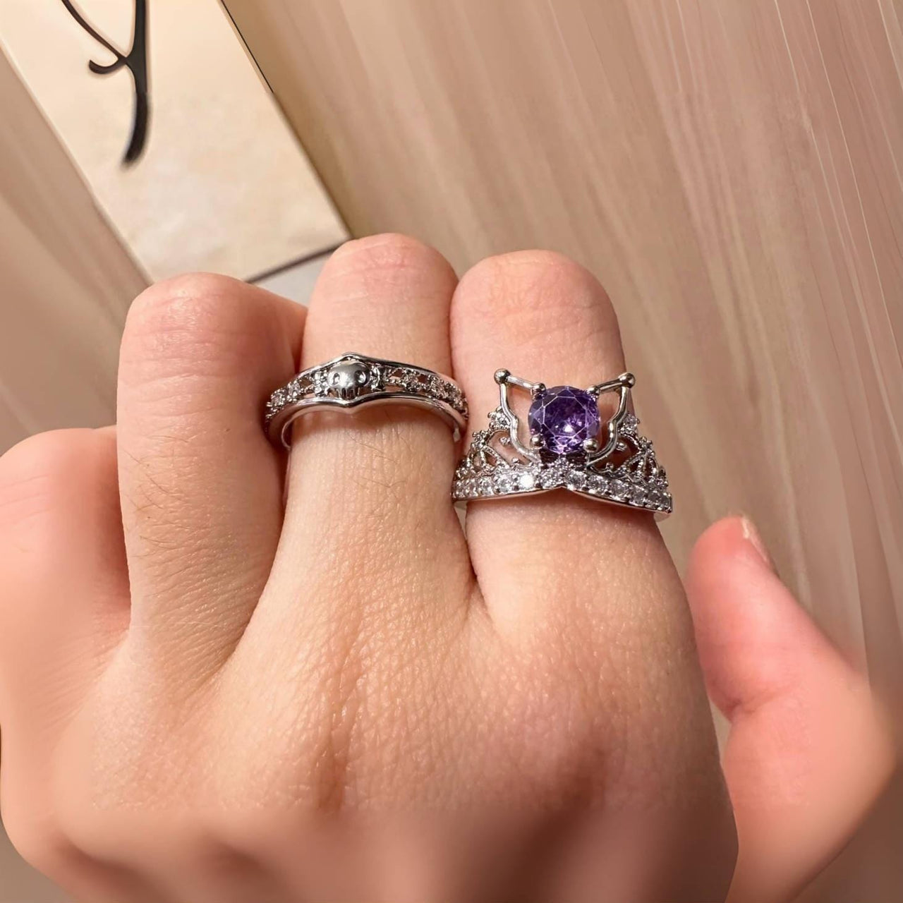 Dainty CZ Inlaid Kuromi Baku Pattern Matching Open Ring