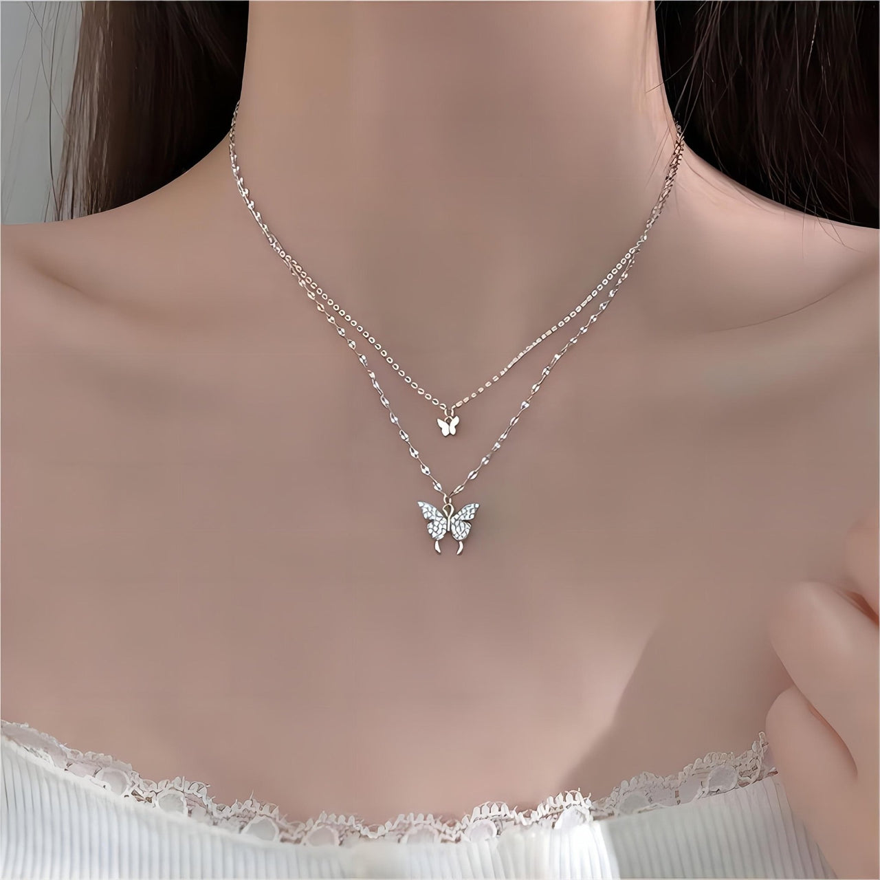Dainty CZ Inlaid Layering Butterfly Necklace - ArtGalleryZen