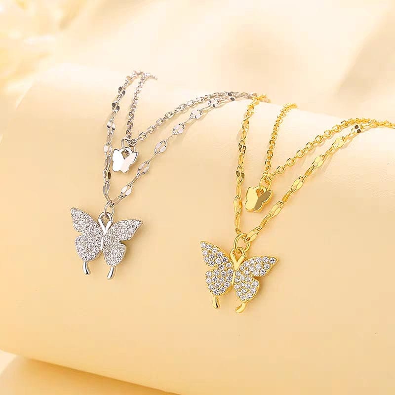 Dainty CZ Inlaid Layering Butterfly Necklace - ArtGalleryZen