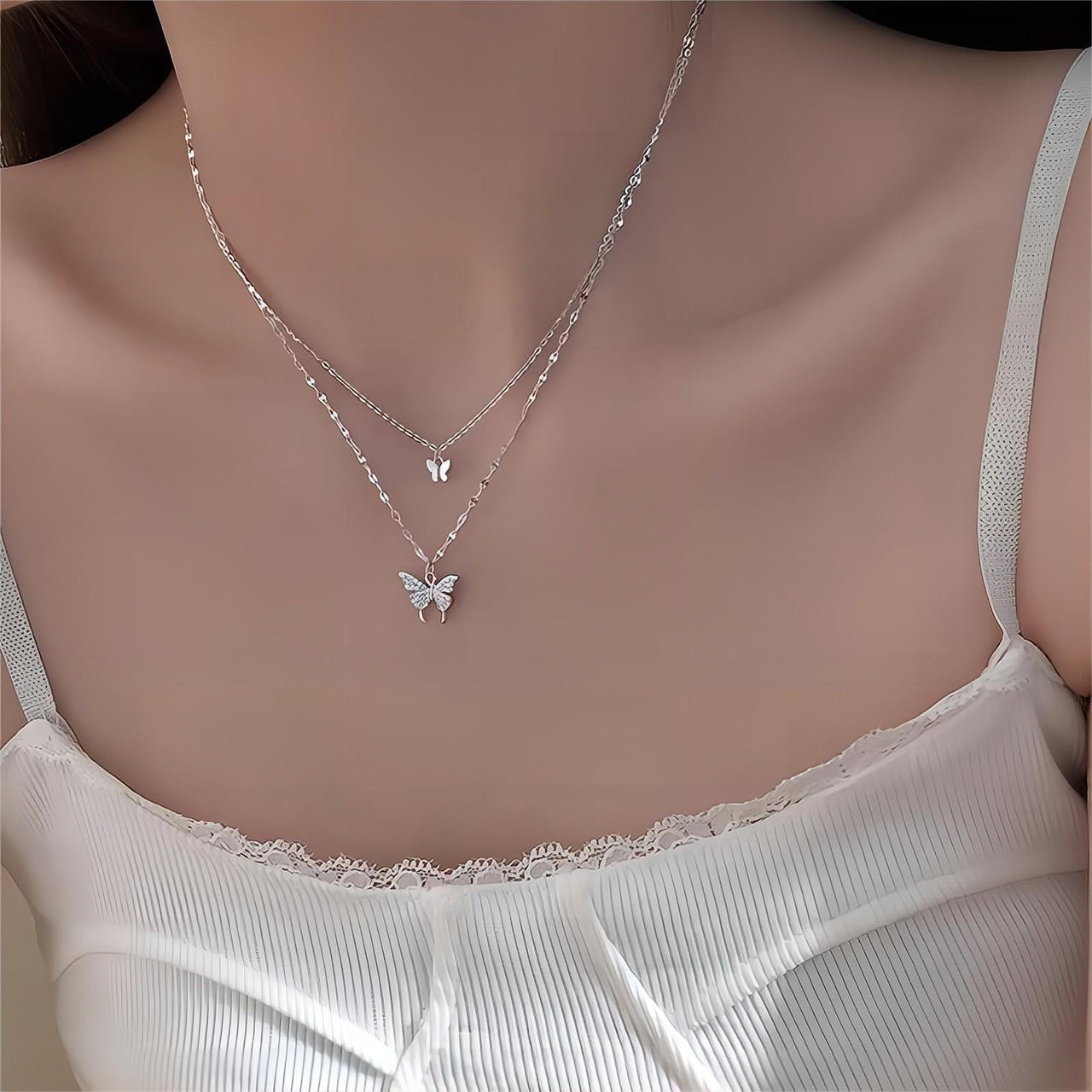 Dainty CZ Inlaid Layering Butterfly Necklace - ArtGalleryZen