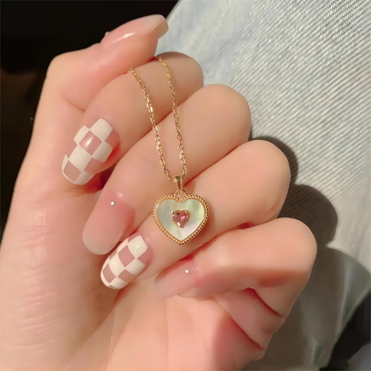 Dainty CZ Inlaid Natural Shell Heart Pendant Necklace - ArtGalleryZen