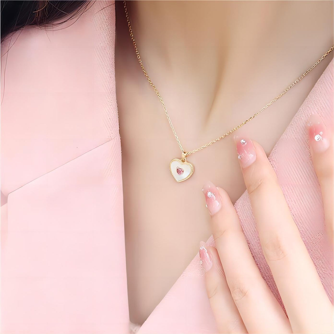 Dainty CZ Inlaid Natural Shell Heart Pendant Necklace - ArtGalleryZen