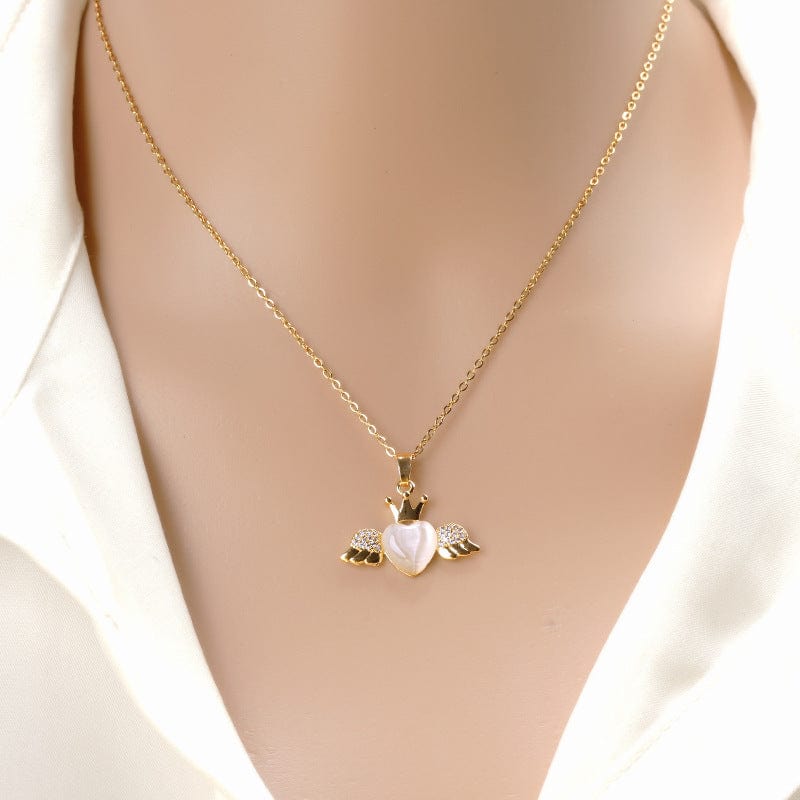Dainty CZ Inlaid Opal Crown Heart Wings Necklace - ArtGalleryZen