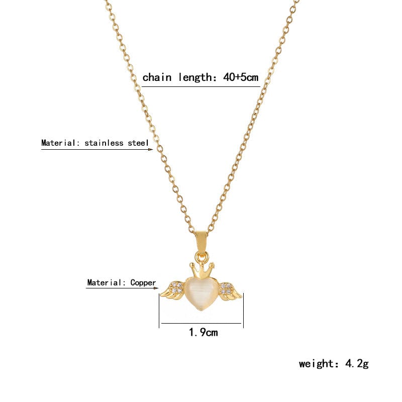 Dainty CZ Inlaid Opal Crown Heart Wings Necklace - ArtGalleryZen