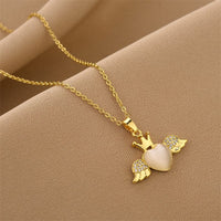 Thumbnail for Dainty CZ Inlaid Opal Crown Heart Wings Necklace - ArtGalleryZen