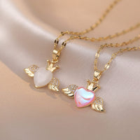 Thumbnail for Dainty CZ Inlaid Opal Crown Heart Wings Necklace - ArtGalleryZen
