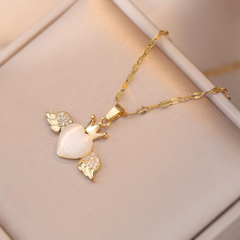 Dainty CZ Inlaid Opal Crown Heart Wings Necklace - ArtGalleryZen