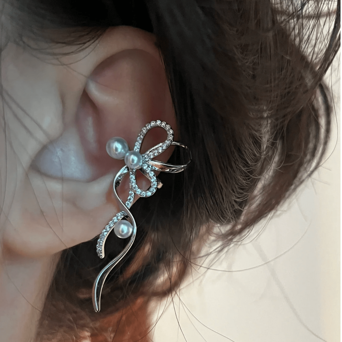 Dainty CZ Inlaid Pearl Charm Ribbon Ear Cuff Earrings - ArtGalleryZen