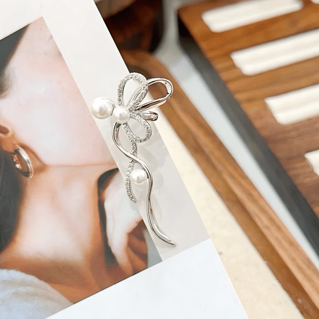 Dainty CZ Inlaid Pearl Charm Ribbon Ear Cuff Earrings - ArtGalleryZen