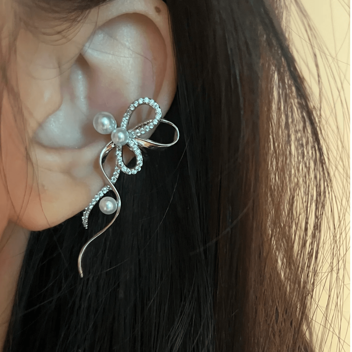 Dainty CZ Inlaid Pearl Charm Ribbon Ear Cuff Earrings - ArtGalleryZen