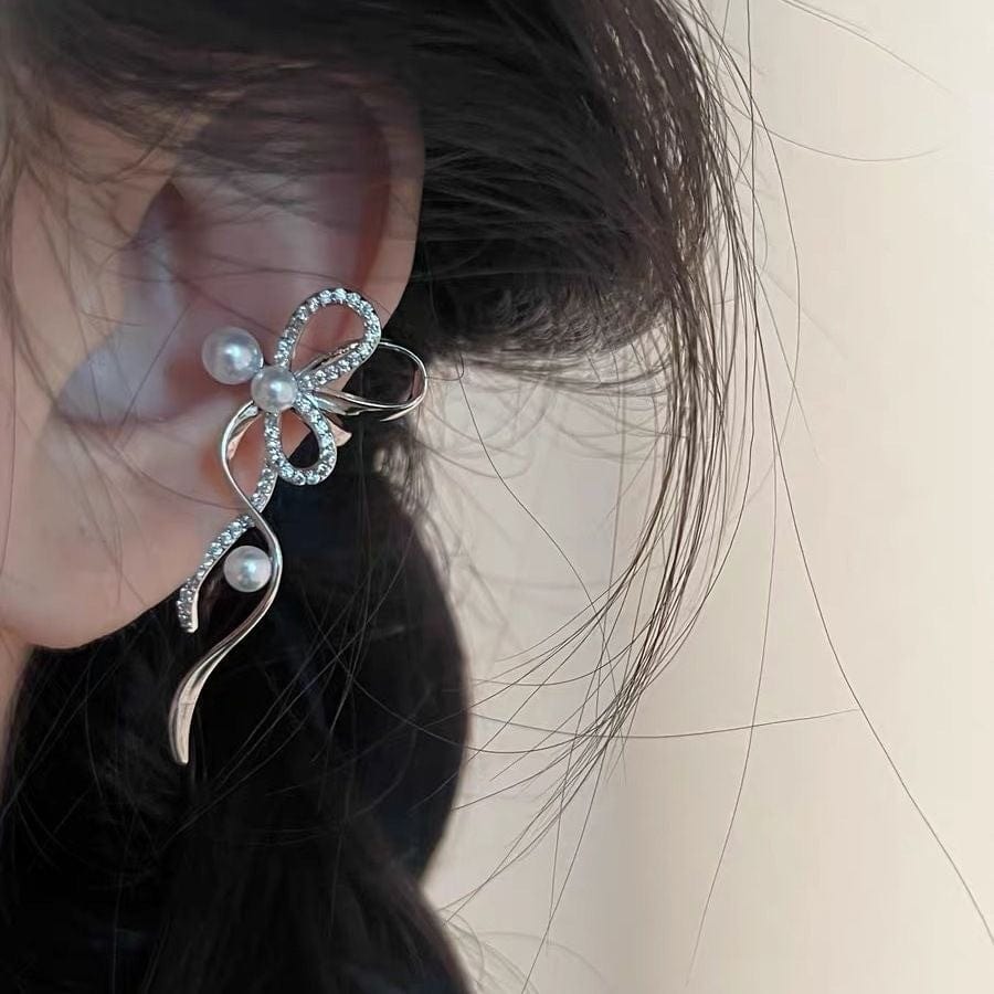 Dainty CZ Inlaid Pearl Charm Ribbon Ear Cuff Earrings - ArtGalleryZen