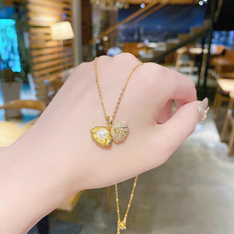 Dainty CZ Inlaid Pearl Shell Pendant Chain Necklace - ArtGalleryZen