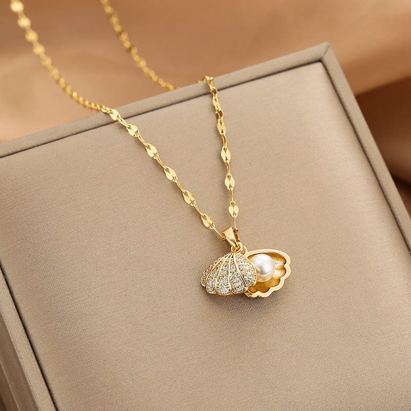 Dainty CZ Inlaid Pearl Shell Pendant Chain Necklace - ArtGalleryZen