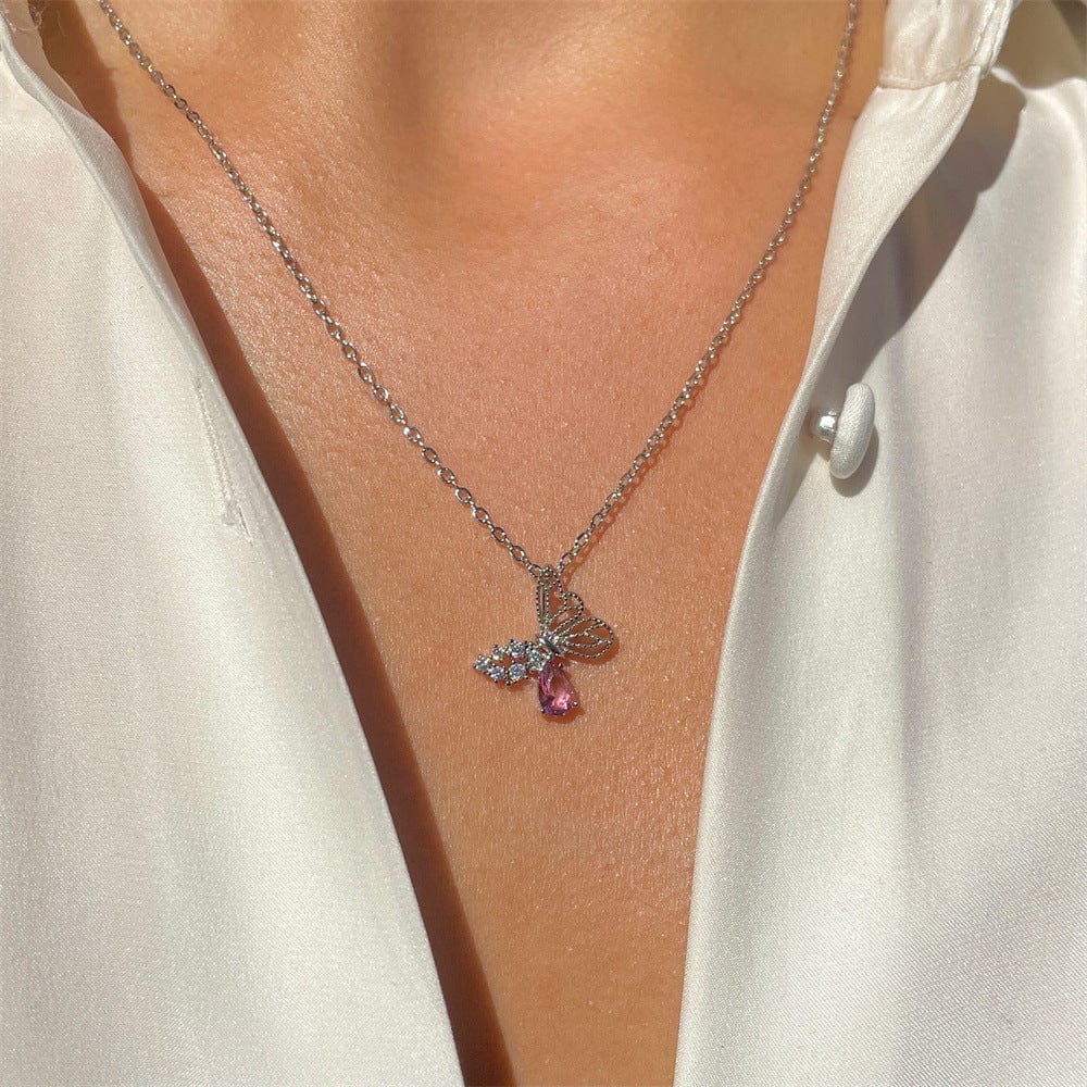 Dainty CZ Inlaid Pink Crystal Hollowed-out Butterfly Necklace - ArtGalleryZen