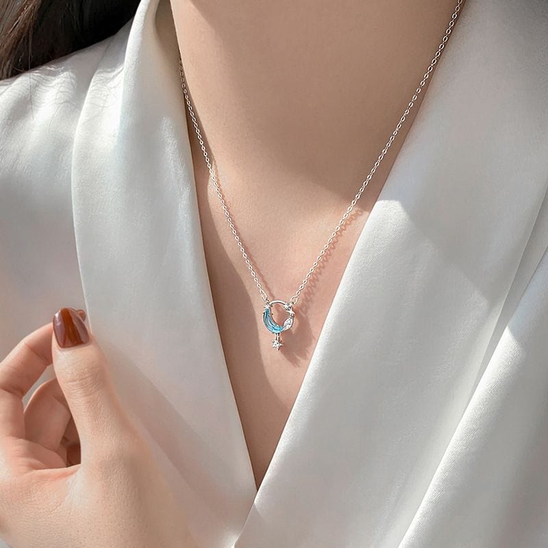 Dainty CZ Inlaid Turquoise Moon Phase Star Necklace - ArtGalleryZen