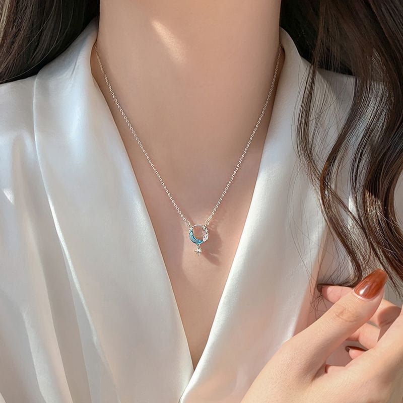 Dainty CZ Inlaid Turquoise Moon Phase Star Necklace - ArtGalleryZen