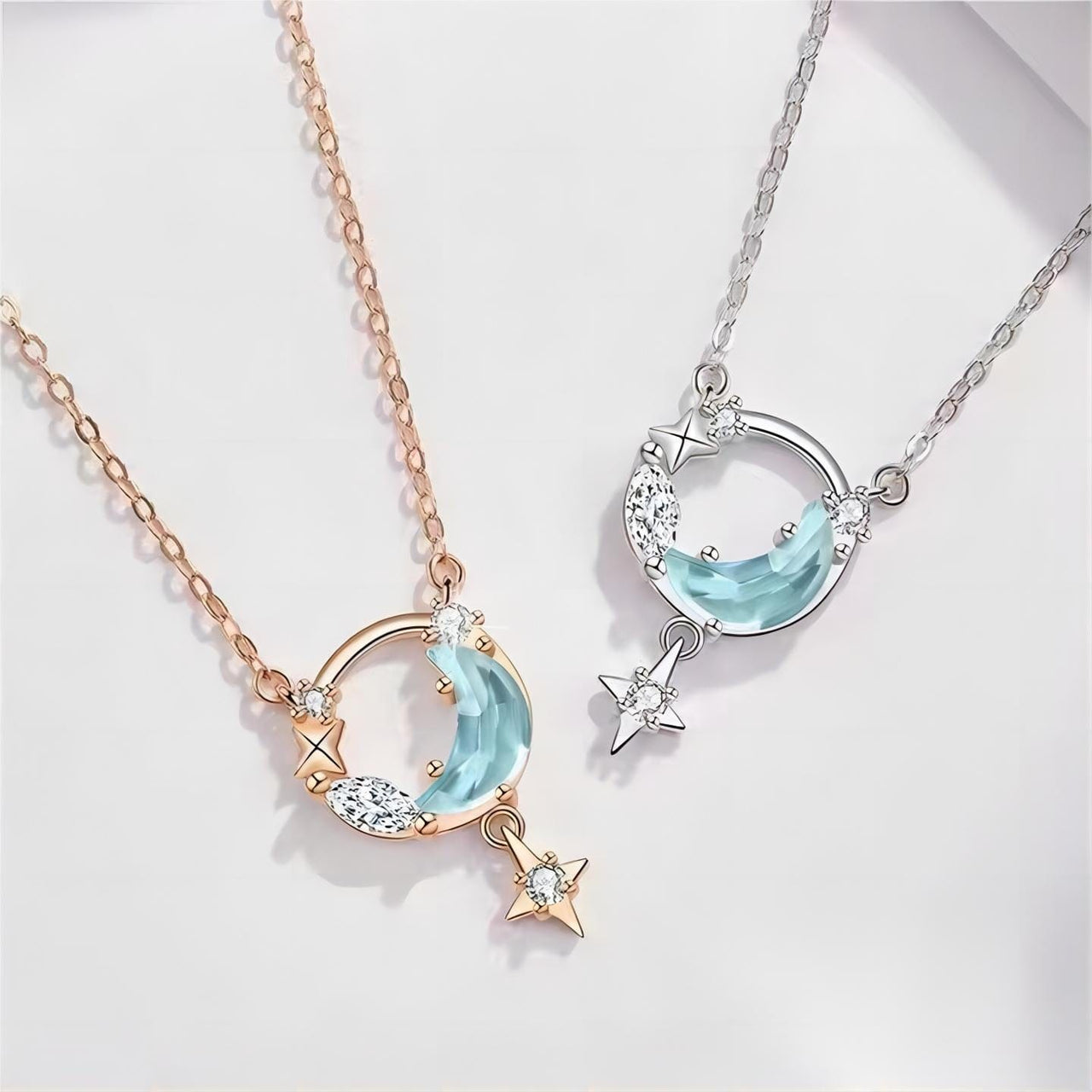 Dainty CZ Inlaid Turquoise Moon Phase Star Necklace - ArtGalleryZen