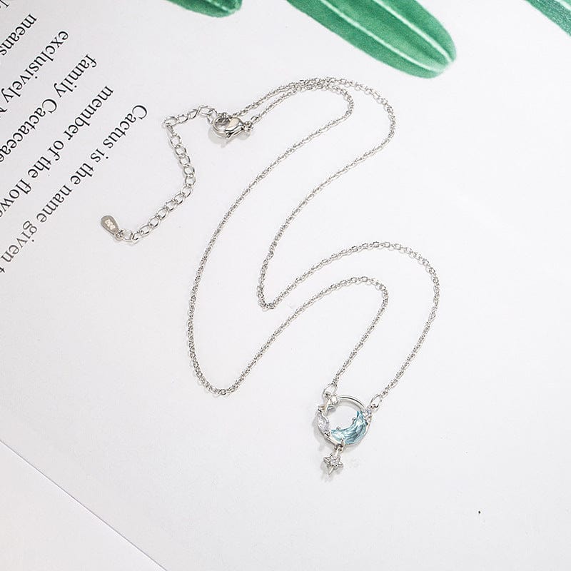Dainty CZ Inlaid Turquoise Moon Phase Star Necklace - ArtGalleryZen